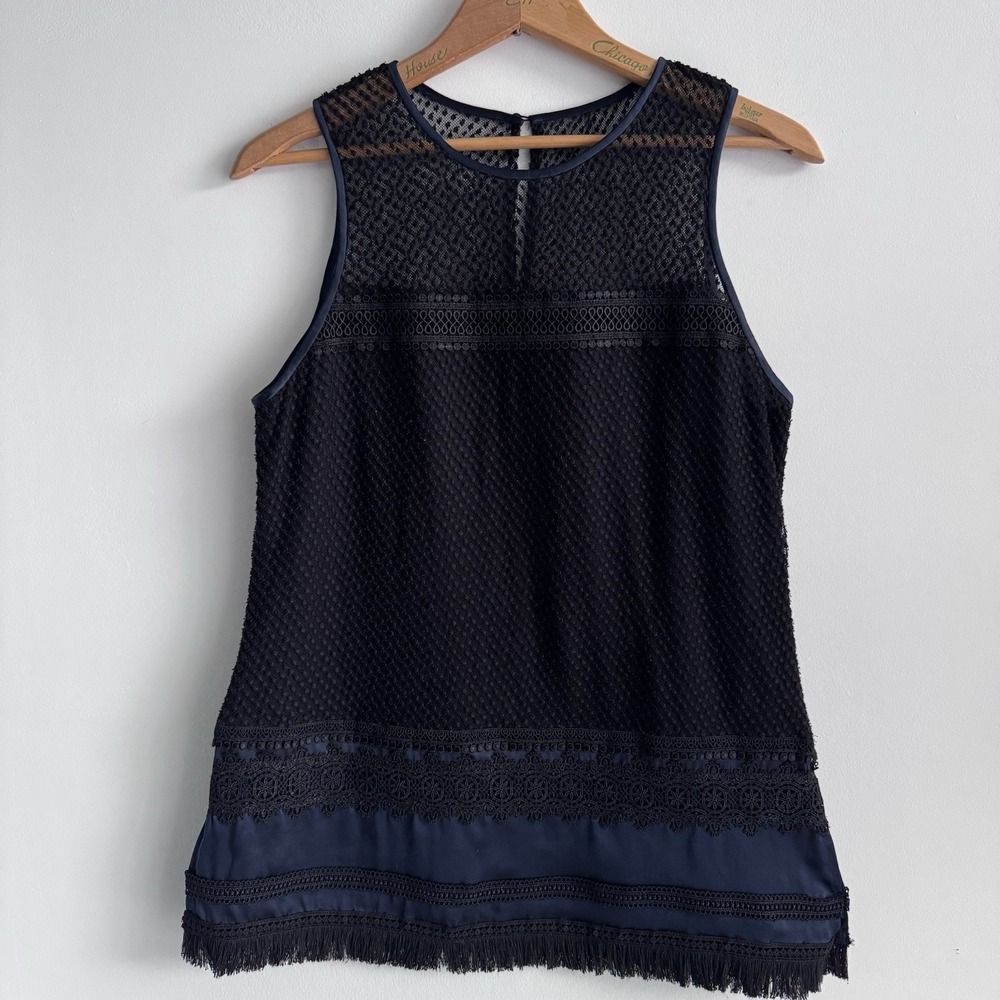 Etcetera Sleeveless Pleated Silk-Trim Shell Blouse Navy Black Size 2